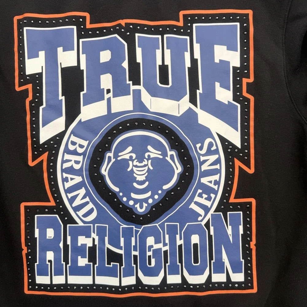 True Religion Mens Small Black Zip Hoodie Retro Stud Buddha Graphic Back 700437